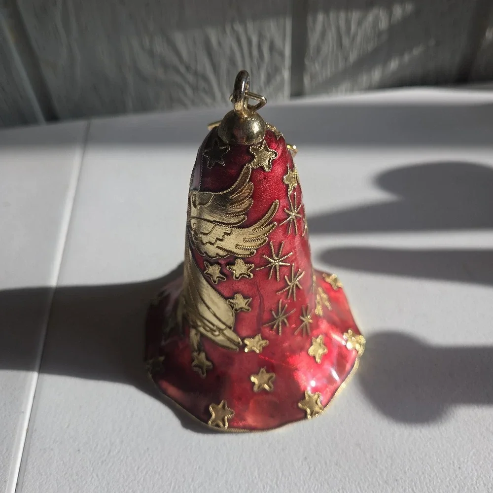 Elegant Red Gold Star Cloisonne Bell Christmas Ornament Handcrafted Vintage